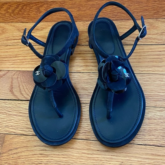 Chanel Women's Black Sandals with Floral Accent - Picture 1 of 8